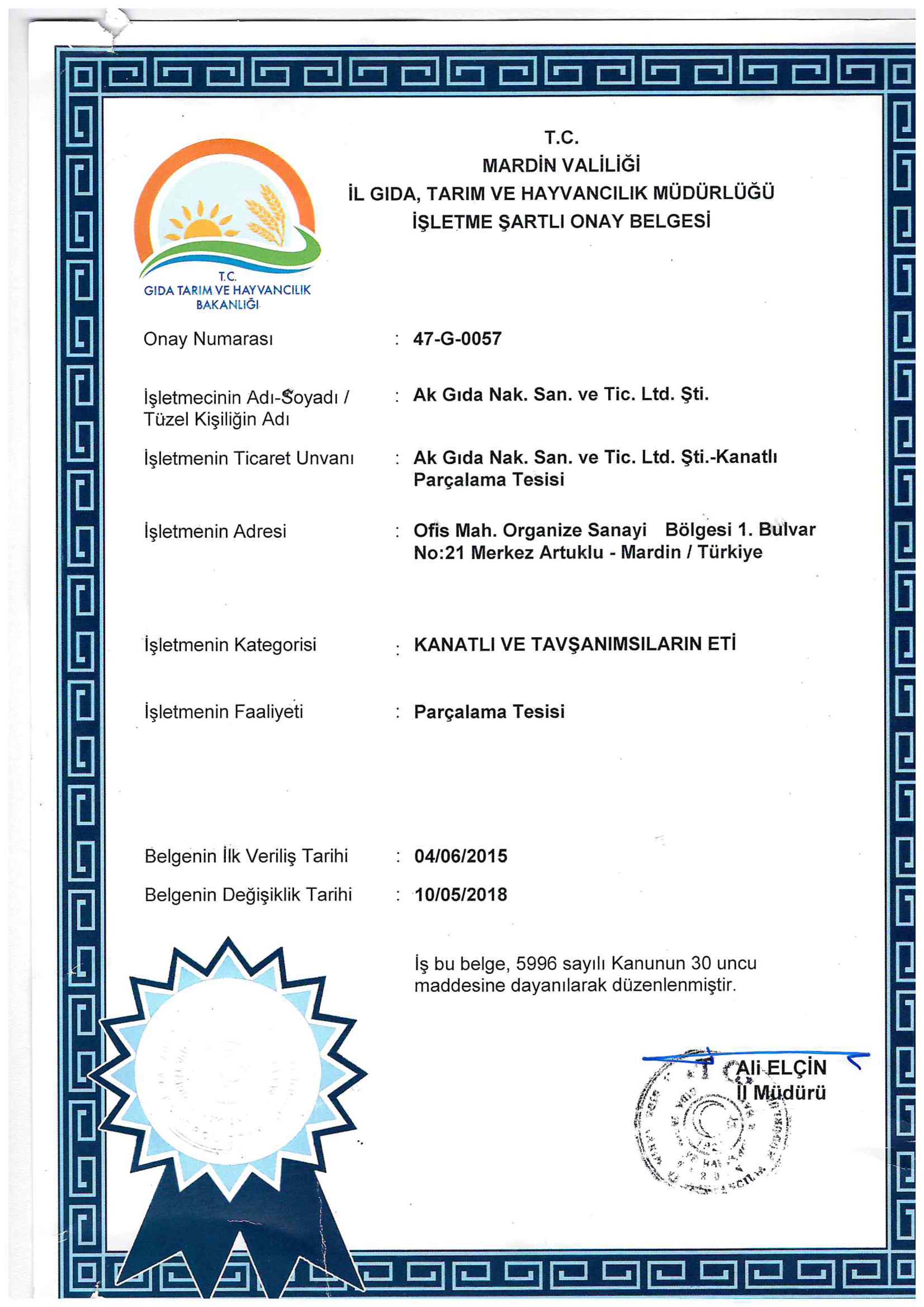 GIDA VE TARIM BAKANLIĞI ONAY BELGESİ